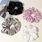 4PCS Big Satin Silk Scrunchies for Women Thick Hair, 6.3Inches Extra Large Scrunchy Oversized Thick Elastic Hair Ties Bands Ponytail Holders Jumbo Scrunchies (Black White Pink Silvergray)