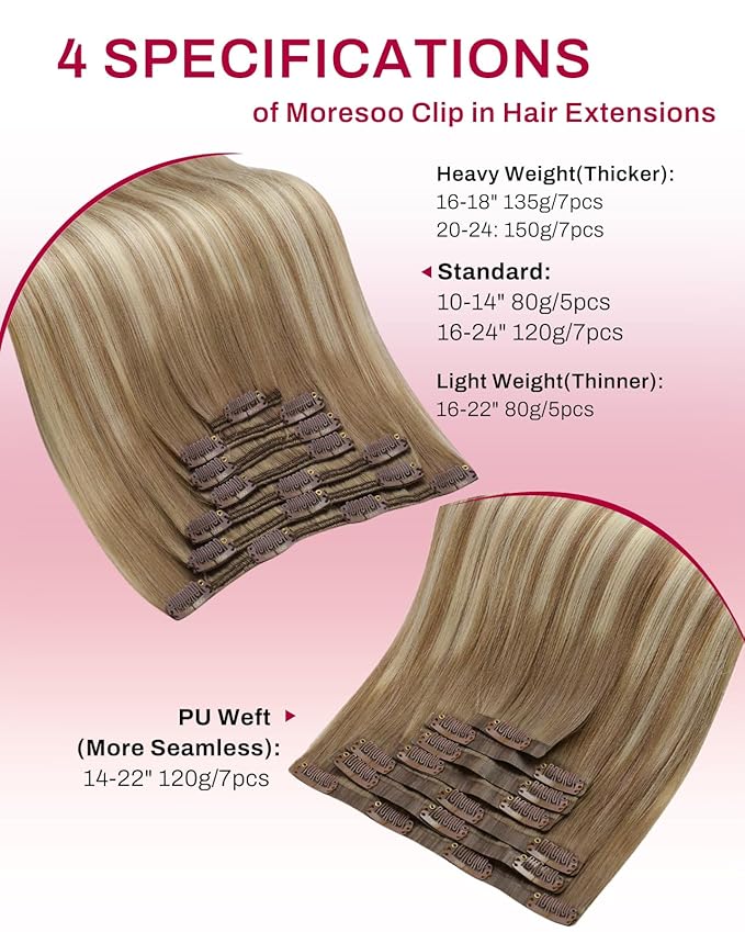 Moresoo Seamless Clip in Hair Extensions Balayage Human Hair Clip in Extensions Seamless Ombre Light Brown Mixed with Golden Blonde 7pcs/120g 18inch