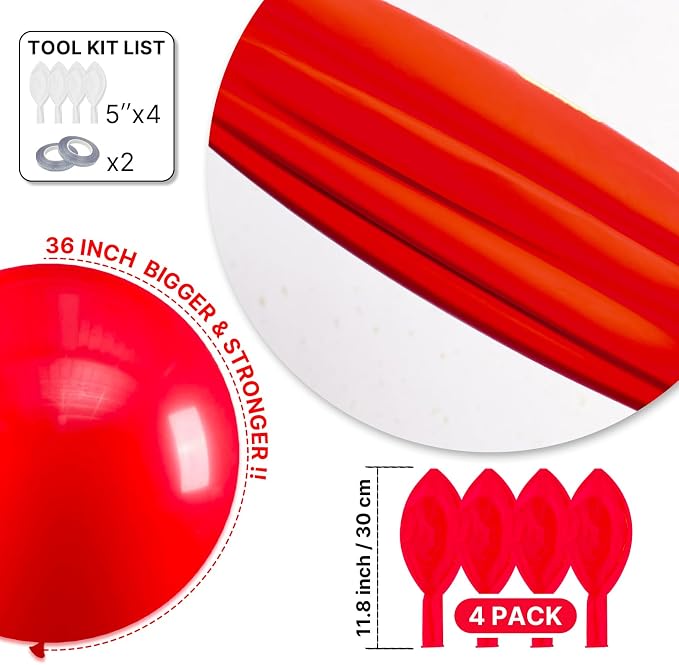 PartyWoo Red Balloons 4pcs Red Helium Latex Balloons 36 Inch | Birthday - Image 6