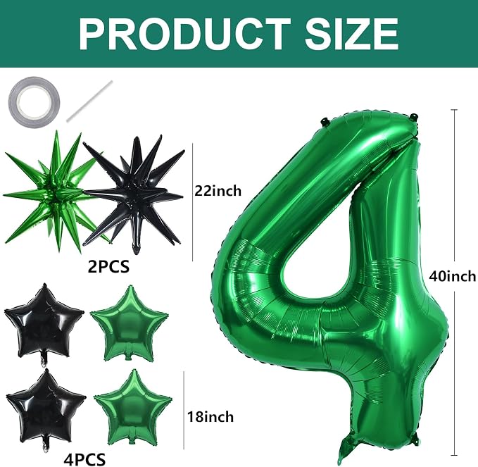 TONIFUL 4th Birthday Balloons Kit 40 Inch Dark Green Large Number 4 Balloon | - Image 2