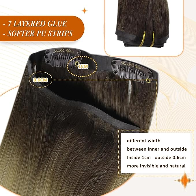 Full Shine Human Hair Clip in Extensions 16 Inch Ombre Dark Brown to Ash Blonde and Platinum Blonde Real Human Hair Clip ins Extension Thick End 8 PCS 120 Grams