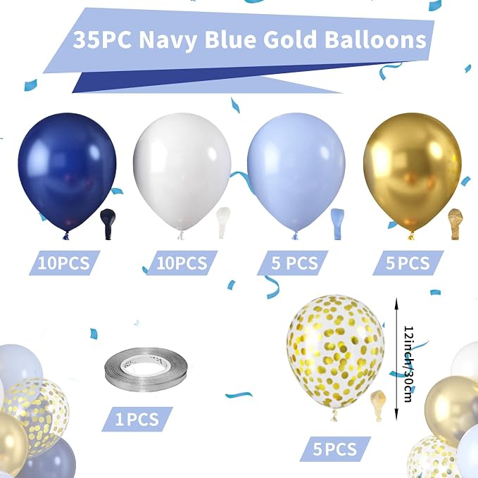 Royal Blue and Gold Balloons, Macaron Navy Golden Confetti Latex Balloon - Image 2