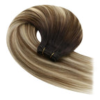YoungSee 100g Weft Hair Extensions Human Hair Balayage Brown Human Hair Sew in Extensions Darkest Roots to Medium Brown with Blonde Hand Tied Weft Hair Extensions Straight Hair 14inch