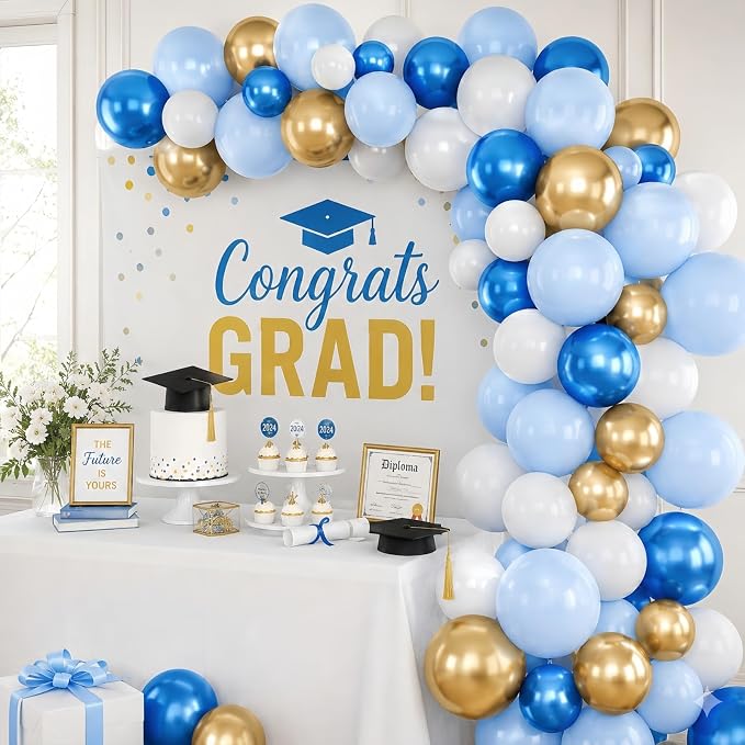 Blue and Gold Balloons, 12 Inch Pastel Baby Blue Metallic Blue Metallic Gold - Image 4