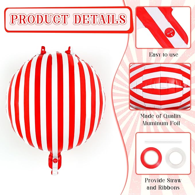 12 Pcs Red and White Striped Balloons, 18 Inch Carnival Balloons Halloween Foil - Image 5