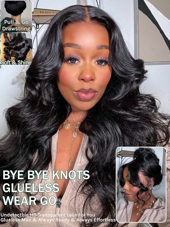KLAIYI Loose Body Wave Pre Everything Glueless 13x4Lace Front Wig Human Hair Drawstring Precut Lace Pre Plucked Bleached Bye Bye Knots 3S Ready to Wear and Go Wig with Face Framing Curtain Bang 24Inch