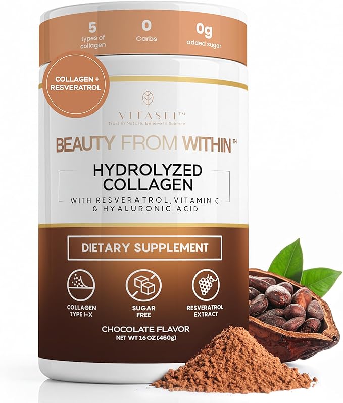 VITASEI Hydrolyzed Collagen Peptides Powder with Resveratrol & Vitamin C – Hair, Skin, Nails & Joint Support – Colágeno Hidrolizado for Women & Men – Delicious Chocolate Flavor, 16 oz (30 Servings)