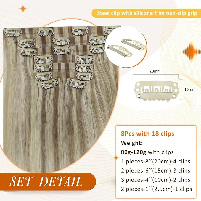 Full Shine Real Hair Extensions Clip in Human Hair Balayage Clip in Hair Extensions Blonde Human Hair Ash Blonde Mix Platinum Blonde Seamless Hair Extension Clip ins for Women 16 Inch 8 PCS 120 G