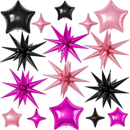 Black Hot Pink Star Balloons, 22/18/10 Inch Foil Balloons, Four-Pointed Balloon by Sowide