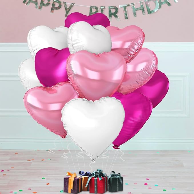 Rose Heart Balloons, 18inch Bright Pink Heart Shaped Foil Balloons & White - Image 4