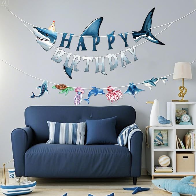 Shark Happy Birthday Banner Shark Garland Ocean Animals Party Decorations - Image 9