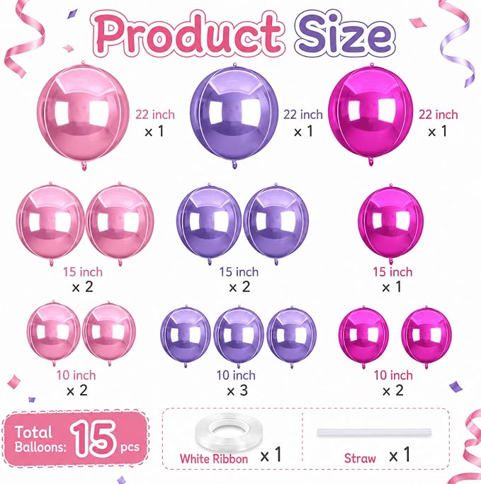 15 Pcs Pink and Purple Round Foil Balloons, 22/15/10 Inch 4D Ball Balloons Hot - Image 2