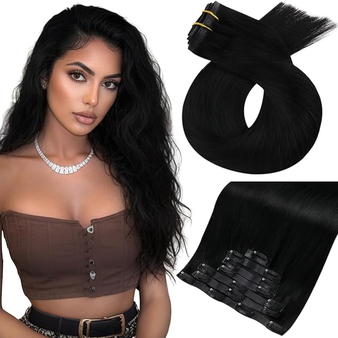 Moresoo Jet Black Human Hair Clip in Extensions Seamless Pu Skin Real Hair Extensions Clip in Human Hair Black Invisible for Women Thick And Long 150g/7pcs 22inch