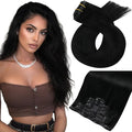 Moresoo Seamless Jet Black Clip in Hair Extensions Human Hair Black for Women Human Hair Clip in Extensions Pu Weft Invisible for Daily 135g/7pcs Thick to Add Volume 16in