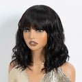 NOBLE Bob Wig with Bangs Short Wavy Wig for Women Dark Brown Shoulder Length Wig Heat Resistant Synthetic Wigs for Daily Party Use 12 Inches