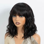 NOBLE Bob Wig with Bangs Short Wavy Wig for Women Dark Brown Shoulder Length Wig Heat Resistant Synthetic Wigs for Daily Party Use 12 Inches