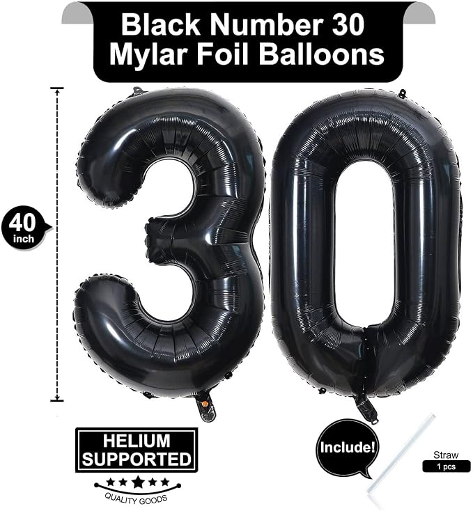 40 Inch Black 30 Number Balloons Giant Jumbo Huge 30 Foil Mylar Helium Number - Image 2