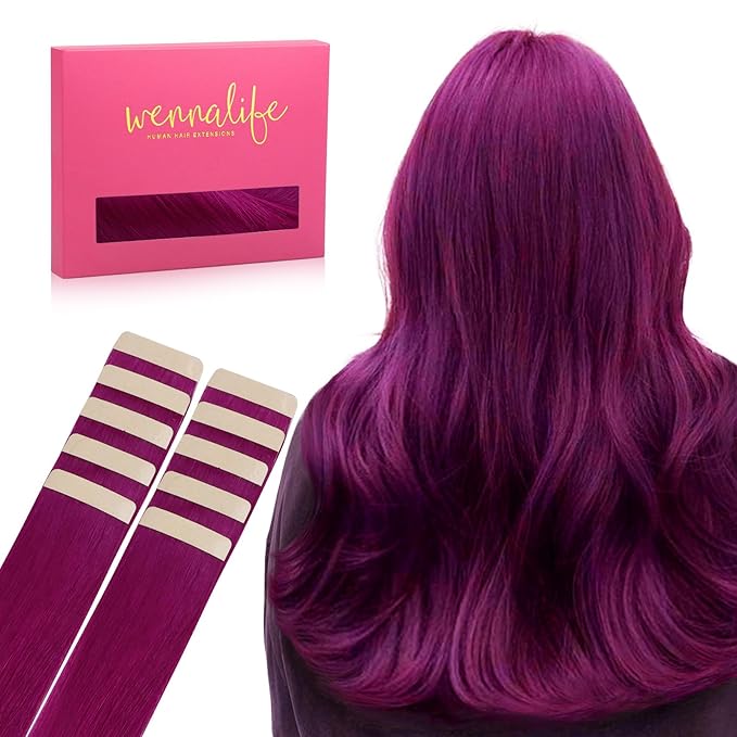 WENNALIFE Tape in Hair Extensions Human Hair Violet Tape in Extensions, 10pcs 25g 18 inch Remy Invisible Tape Ins Straight Colored Soft Real Human Hair Tape in Extensions Refill Set Extensions