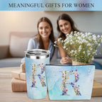 Personalized Gifts Monogrammed Birthday Gifts for Women, New Mom, Grandma Thank You Christmas, Initial 20 oz Tumbler, Makeup Cosmetic Bag Cup Pens Journal Notebook 6 Set, (Aesthetic Blue Flower R)