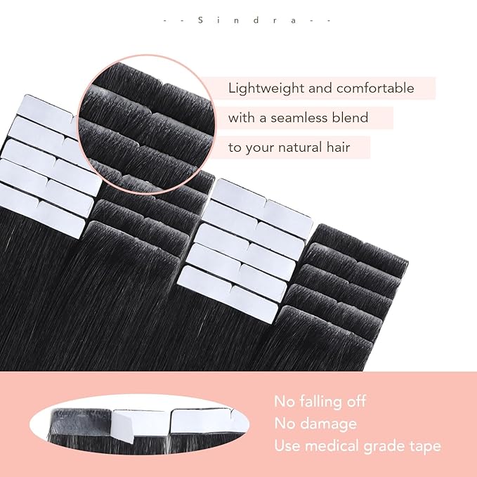 Sindra Invisi Edge Tape in Human Hair Extensions, Jet Black Invisible Seamless Hair Tape in Extensions 20 Inch 20pcs 55g/pack