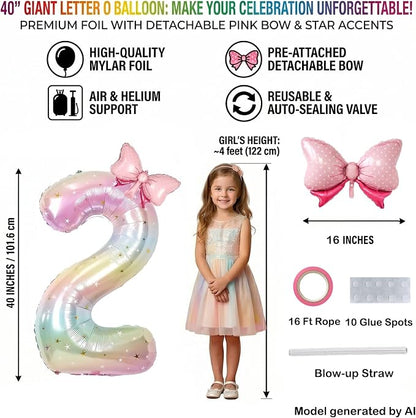 40" Giant Pastel Rainbow Number 12 Balloon Foil Pink Bow Decor Kit | - Image 2