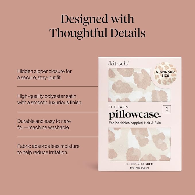 Kitsch Satin Pillowcase with Zipper for Hair & Skin, Softer Than Silk Pillow Cases Queen, Wrinkle-Free, Smooth and Cooling Satin Pillow Covers, Standard Size 19"x26", Leopard