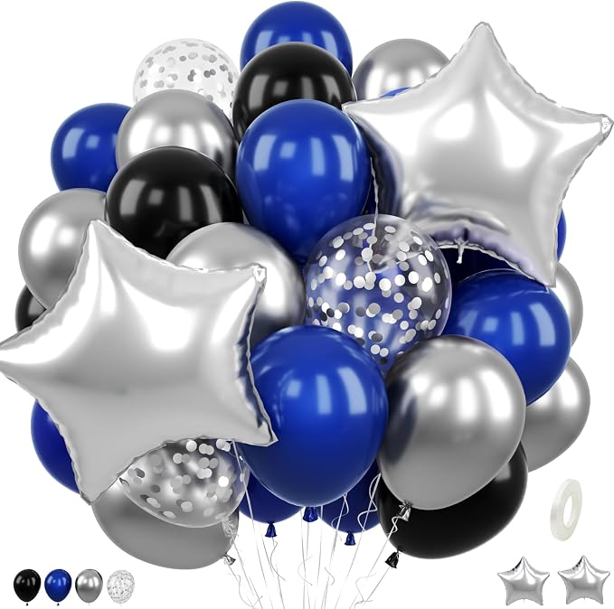 Blue Black Balloons for Birthday Party Decor | 12 Inch Royal Blue Black Silver by FEYG