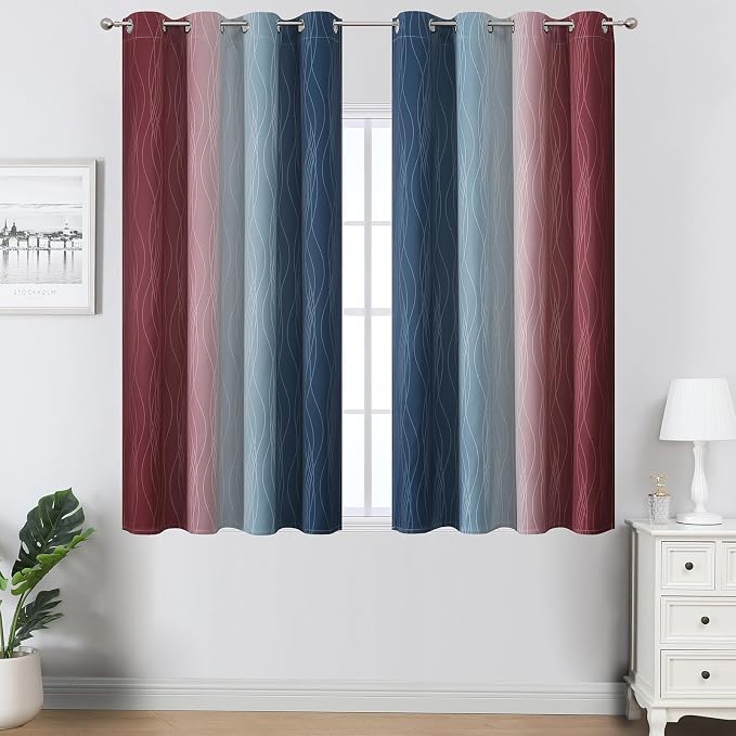 Navy Blue and Burgundy Red Ombre Blackout Curtains 54 Inch Length - Image 2
