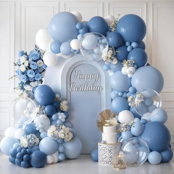 Dusty Blue White Clear Balloons Arch Kit, Party Decor. | Pastel/denim light blue by Unknown