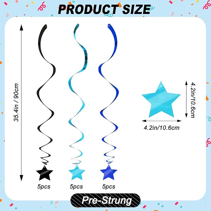 BEISHID Black Blue Stars Hanging Swirls Pre-Strung Stars Hanging Decorations - Image 2