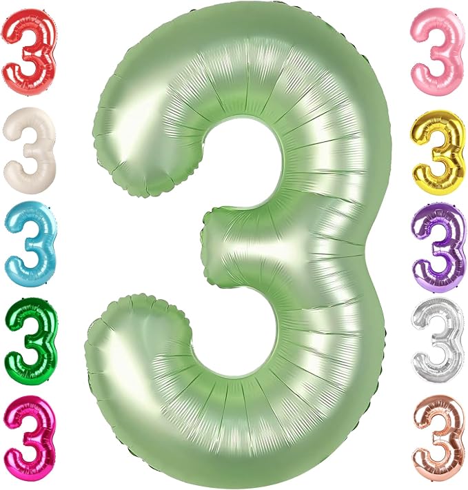 3 Balloon Numbers Birthday Decorations, 40In Sage-Green Balloons by Mluchee