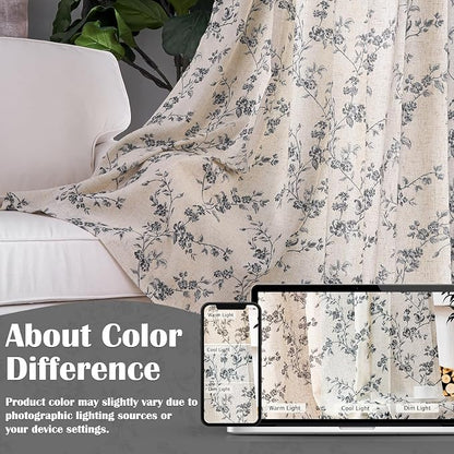 Black Vintage Floral Linen Curtains Farmhouse 50W X 90L 2 Panels | Elisa Series - Image 7