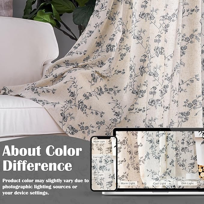 Black Vintage Floral Linen Curtains Farmhouse 38W X 96L 2 Panels | Elisa Series - Image 5