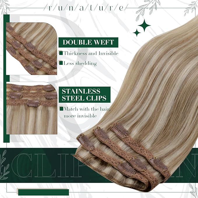 RUNATURE Human Hair Clip in Extensions, Clip in Hair Extensions Real Human Hair for Women, Double Weft Straight Remy Hair, Add Length, 18 Inch 50g 3pcs #8P60 Ash Brown Highlight Platinum Blonde
