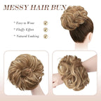 FESHFEN Messy Bun Hair Piece - Large Elastic Wavy Curly Hair Bun Scrunchies Ponytail Extensions Synthetic Chignon Hairpieces for Women, Light Brown & Mixed Blonde 1.94oz