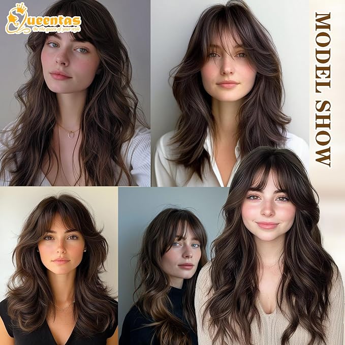QUEENTAS 22" Curly Hair Topper for Women with Thinning Hair Daily Wear 360°3D Cover Up 6.5"*6" Fluffy Brown Wavy Hair Pieces with Bangs(Dark Brown)