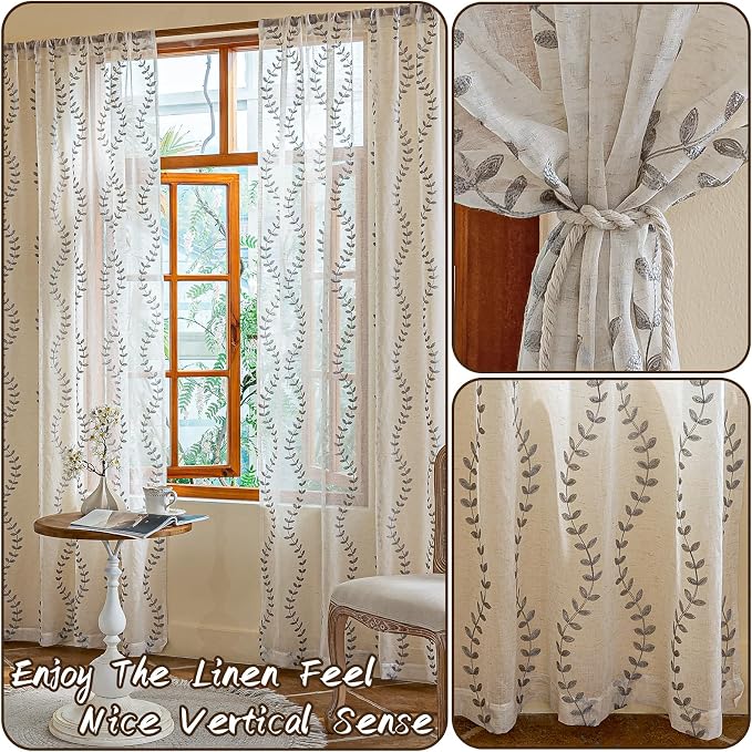 2 Panels Linen Leaf String Floral Embroidered Semi Sheer Curtain Farmhouse - Image 3