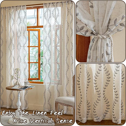 2 Panels Linen Leaf String Floral Embroidered Semi Sheer Curtain Farmhouse - Image 3