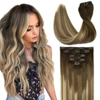 DOORES Hair Extensions Clip Ins Human Hair Extensions, 5pc 75g 16 Inch Balayage Walnut Brown to Ash Brown and Bleach Blonde Clip in Hair Extensions Real Human Hair Natural Straight