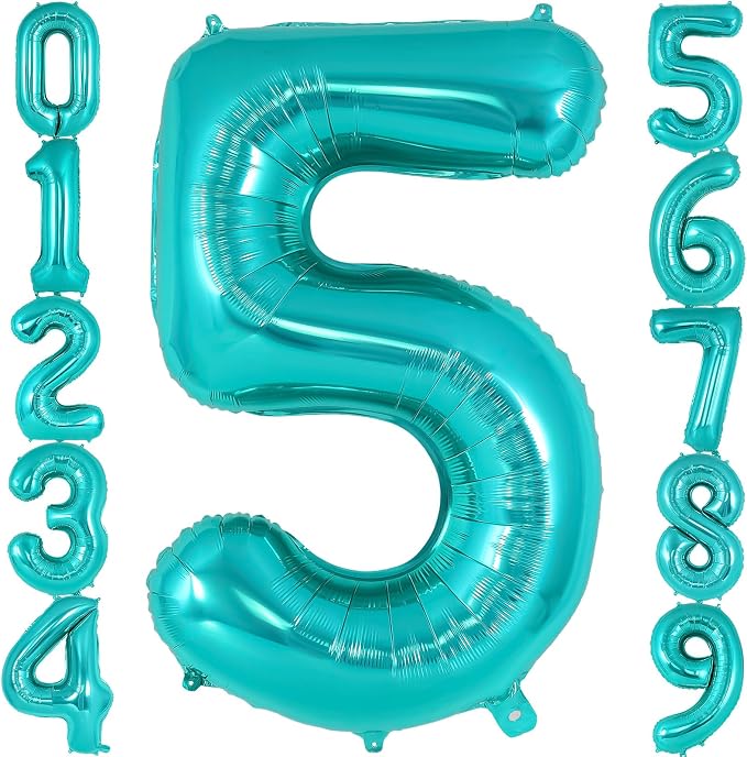 Teal Blue Number 5 Balloon, 40 Inch Big Large Foil Helium Number Balloons by AIQINHU