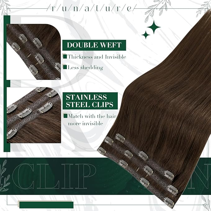 RUNATURE Clip in Hair Extensions Real Human Hair, Brown Hair Extensions Clip Ins Straight, Remy Human Hair Clip in Extensions, Natural Looking For Daily Wearing, 14 Inch 50g 3pcs #4 Medium Brown