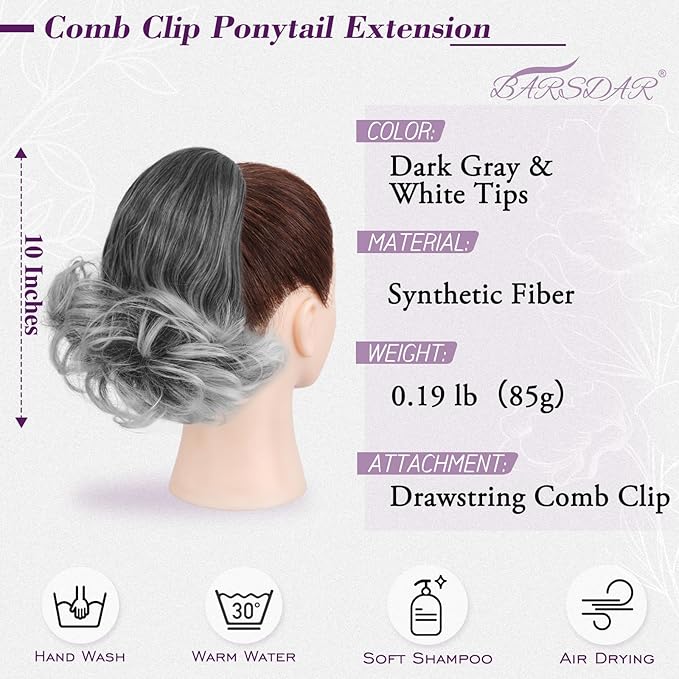 BARSDAR Drawstring Ponytail Extension - 10 Inch Short Wavy Ponytail Hair Extensions for Women - Synthetic Comb Clip in Ponytails Hairpieces Salt and Pepper Pony Tail - Dark Gray & White Tips