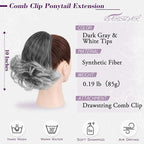 BARSDAR Drawstring Ponytail Extension - 10 Inch Short Wavy Ponytail Hair Extensions for Women - Synthetic Comb Clip in Ponytails Hairpieces Salt and Pepper Pony Tail - Dark Gray & White Tips