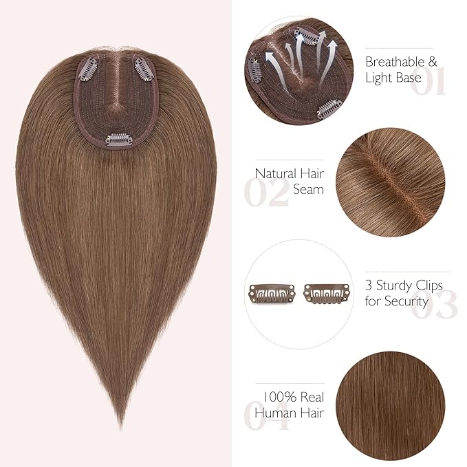 Hairro 100% Human Hair Topper No Bangs, Real Clip in Hair Hairpieces for Women, 3.94x4.72" Silk Base for Thinning Receding High Hairline, 10 Inch Dark Brown Middle Part