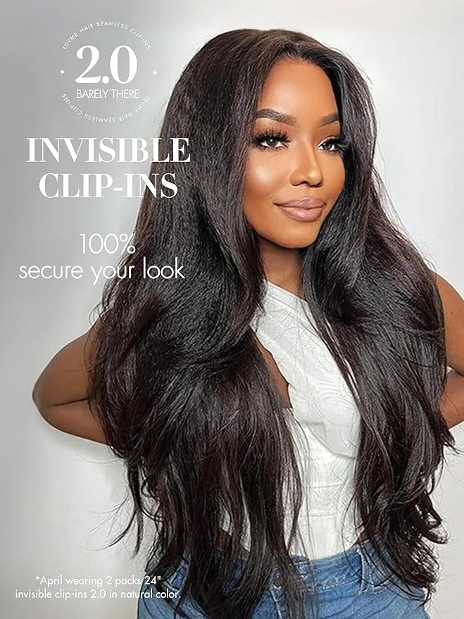 LUVME Invisible Clip in Hair Extensions, Kinky Straight Real Human Hair 24 Inch 2 Pack 220g 14pcs Clip ins Hair Extensions Natural Black for Women