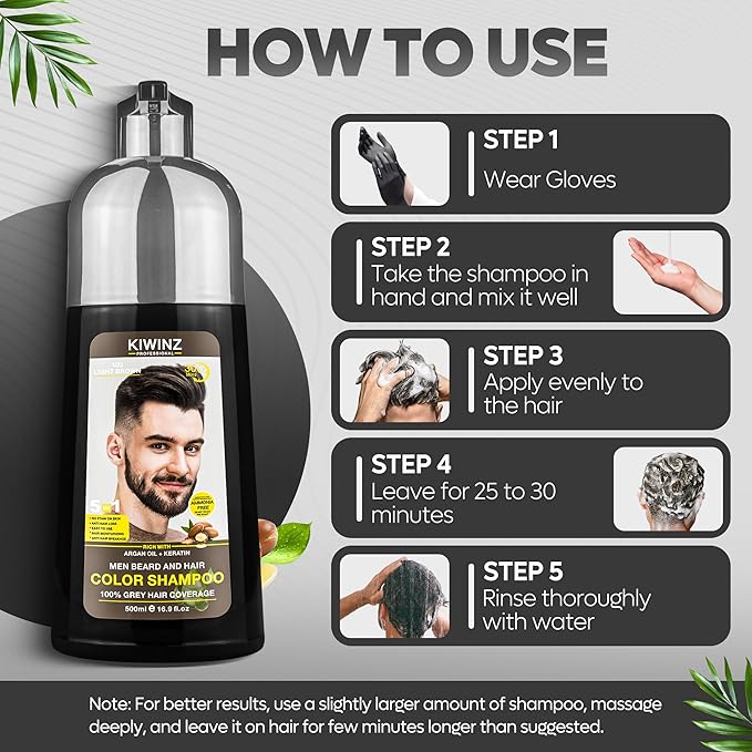 Light Brown Hair Color Shampoo for Men – 5 in 1 Hair Dye Shampoo for Grey Hair - Instant Hair Dye with 100% Color Accuracy with Natural Ingredients - Ammonia Free - 500ml