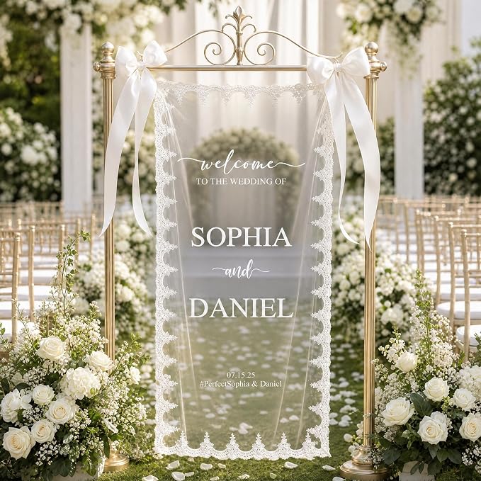 Personalized Wedding Welcome Sign – Custom Tulle Fabric Banner by Unknown