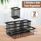 2 Pcs Hair Tool Organizer Countertop Breathable Metal & Bamboo Hot Tools Organizer Under Sink Bathroom Hair Dryer Holder Countertop Brush Comb Holder,Makeup Tray (Koa Wood,Black)