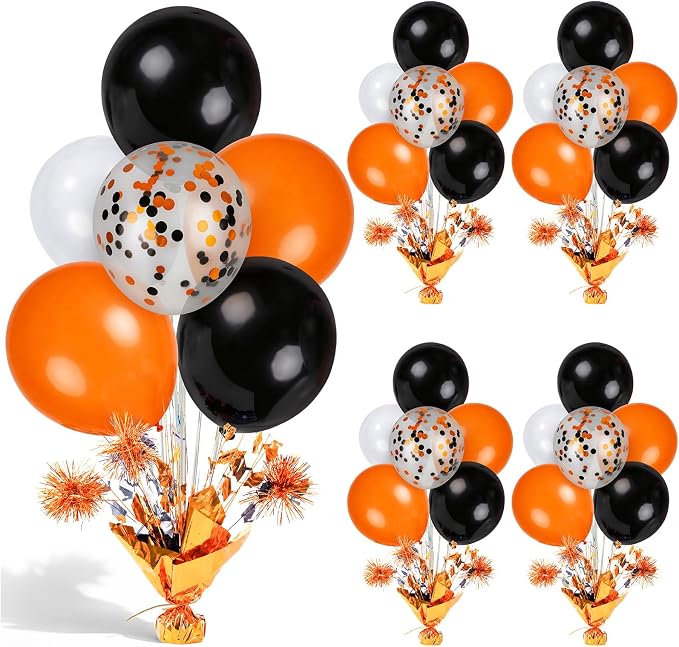 4 Set Halloween Balloons Black Orange Confetti White Balloon Stand Centerpiece by Unknown