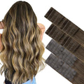 GOO GOO Invisi Edge Tape in Hair Extensions Human Hair, 4/27/4 Balayage Chocolate Brown to Caramel Blonde 20pcs injected with 20pcs classical tape ins, 10inch 60g, Virgin Remy Hair, Natural Look